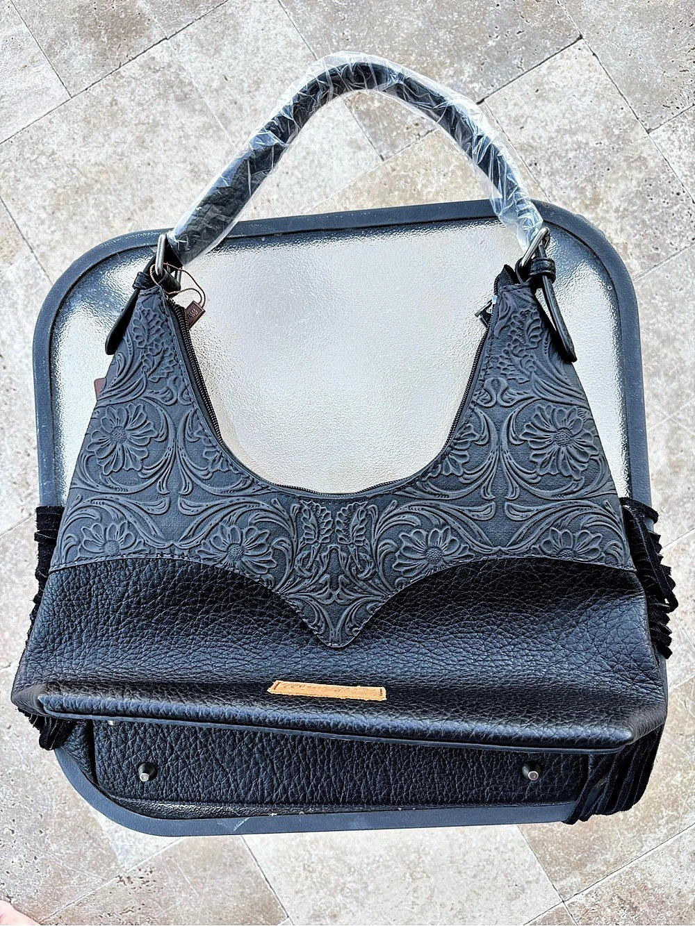 Wrangler Black Embossed Fringe Hobo NWT